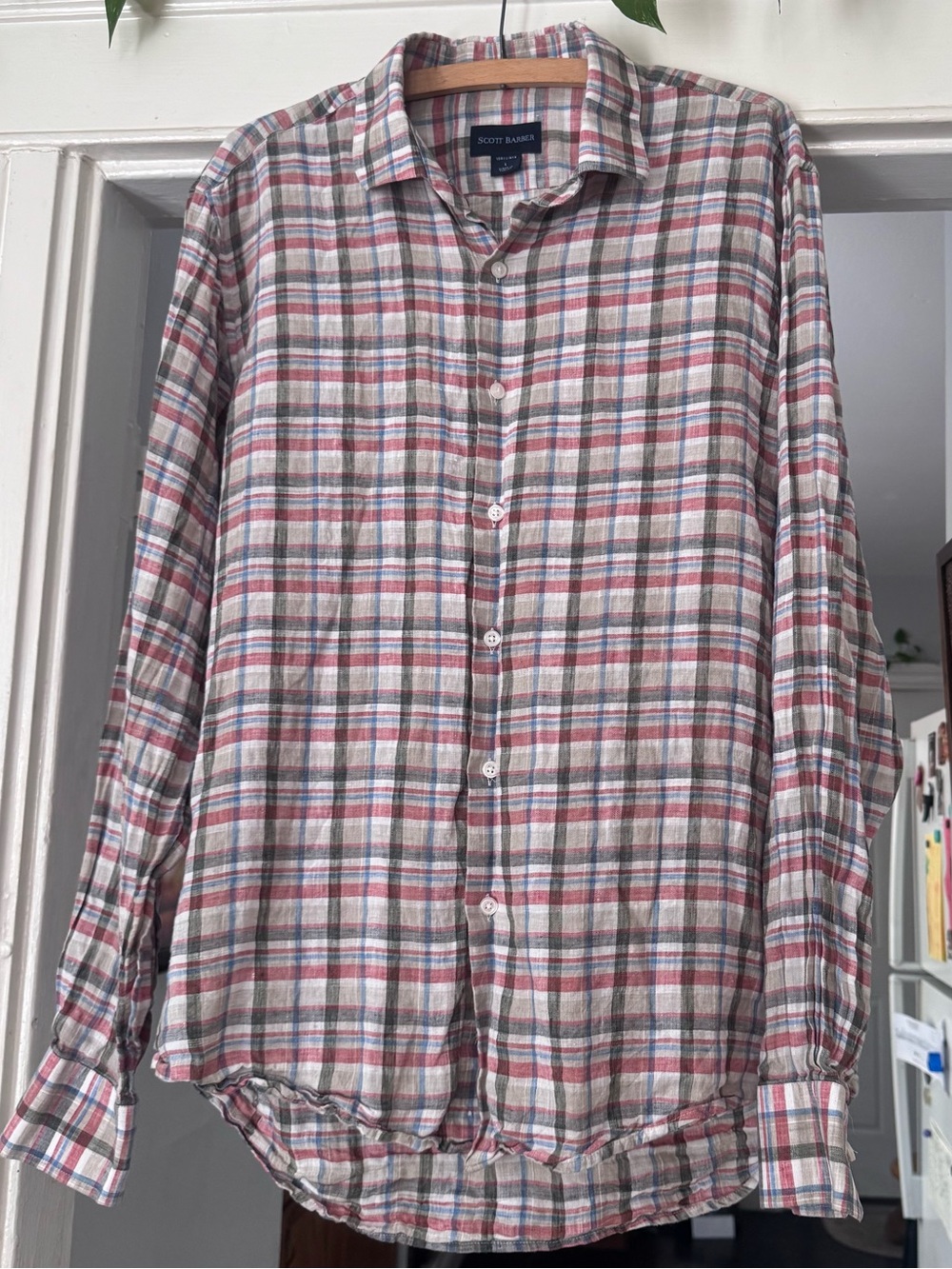 Scott Barber Mens Shirt plaid linen button up size large red cream tan blue
